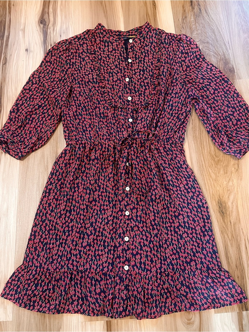 Mushroom Print Mini Dress Ruffle Fairycore Whimsigoth Boho Large Tommy Hilfiger